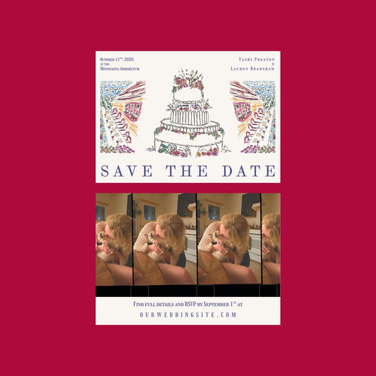 Wedding Save The Date Template, Classic Cake & Outdoor Dining Scene