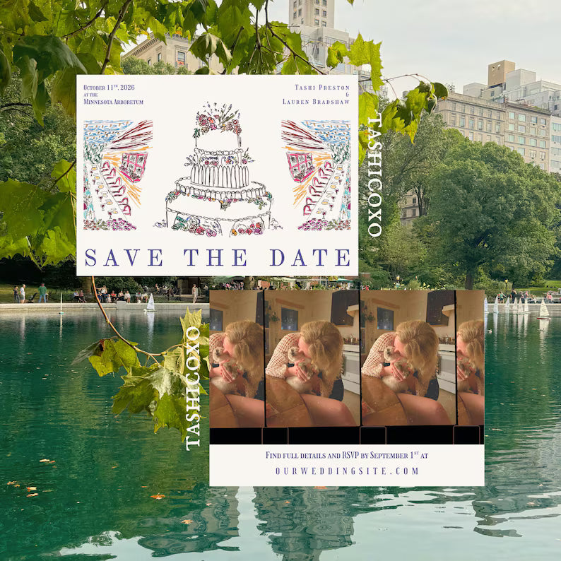 Wedding Save The Date Template, Classic Cake & Outdoor Dining Scene