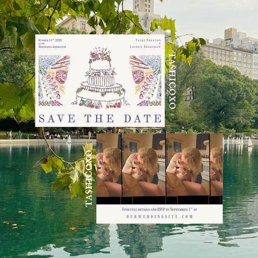 Wedding Save The Date Template, Classic Cake & Outdoor Dining Scene