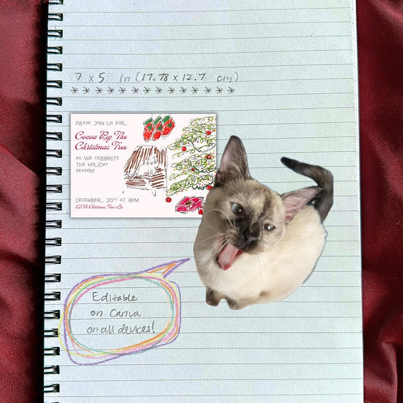 “Cocoa By The Christmas Tree” Party Invitation Template, Xmas Cat