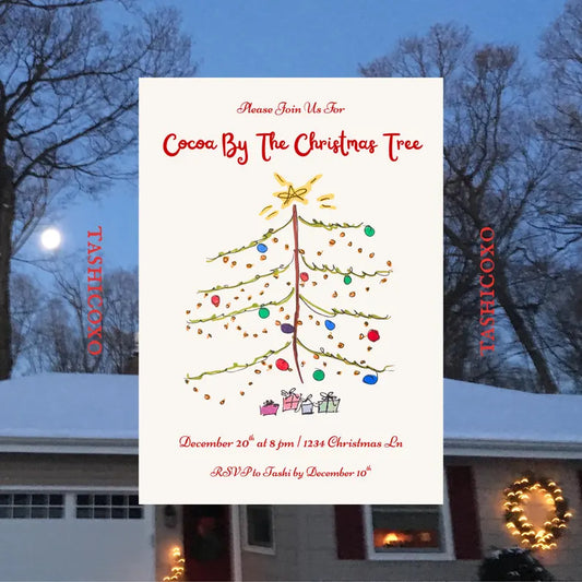 “Cocoa By The Christmas Tree” Party Invitation Template, Xmas Tree
