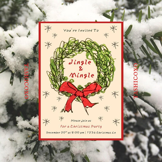 "Jingle & Mingle" Christmas Party Invitation Template, Vintage Wreath