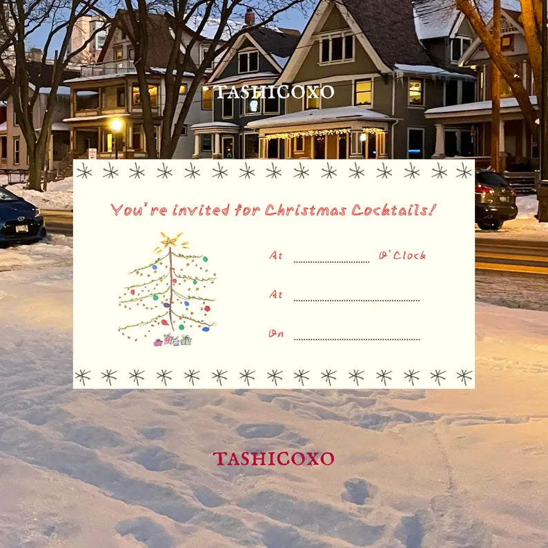 “Christmas Cocktails” Fill In The Blank Party Invitation Template, Tree