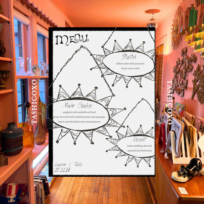 Wedding Menu Template, Retro Black & White Doodle Frame