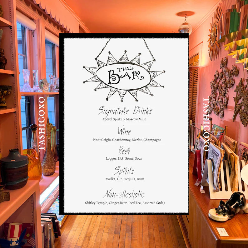 Wedding Bar Menu Template, Retro Black & White Doodle Frame