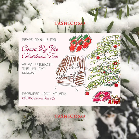 “Cocoa By The Christmas Tree” Party Invitation Template, Xmas Cat