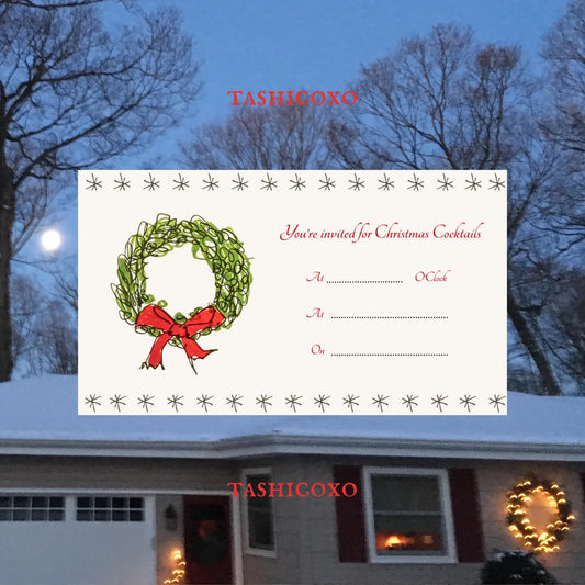 “Christmas Cocktails” Fill In The Blank Party Invitation Template, Wreath